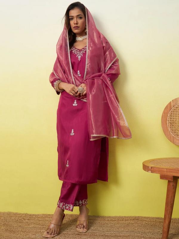 VV 9892 C Women's Embroidered Yoke Design Straight Kurta Set with Dupatta